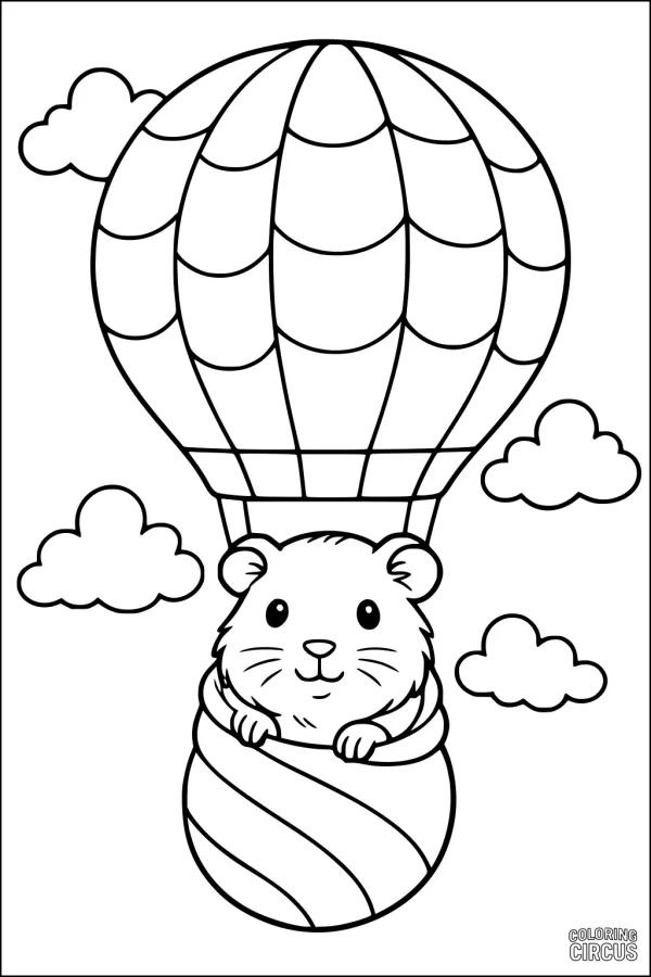 Coloring page of a guinea pig riding in a striped hot air balloon with clouds in the sky