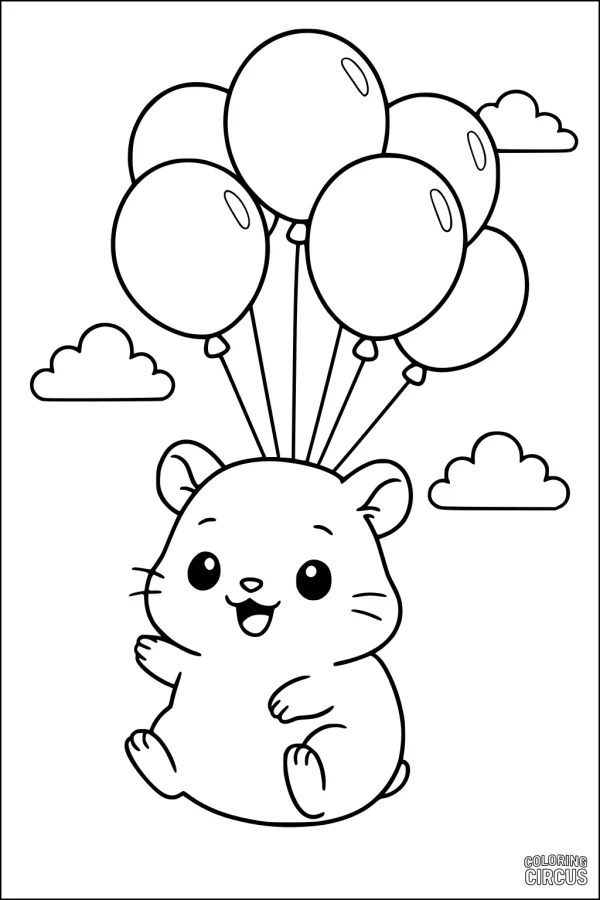 Coloring page featuring a cute guinea pig holding balloons, floating among clouds