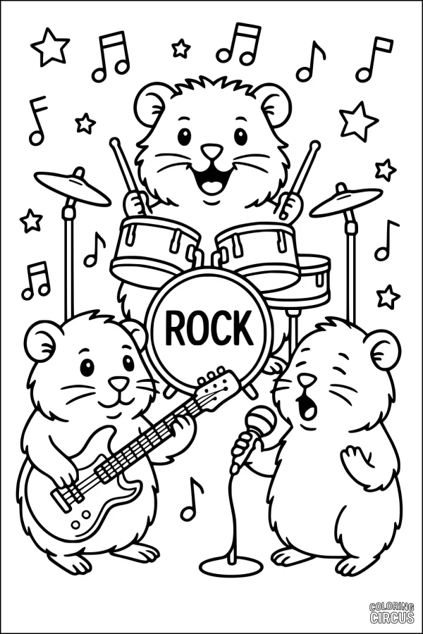 Coloring page featuring three guinea pigs playing instruments in a rock band
