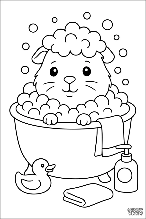 Coloring page of a cute guinea pig taking a bubble bath in a tub, with a rubber duck, towel, and soap nearby