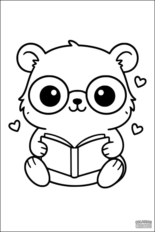 Coloring page of a cute guinea pig with big glasses reading a book, surrounded by small hearts.