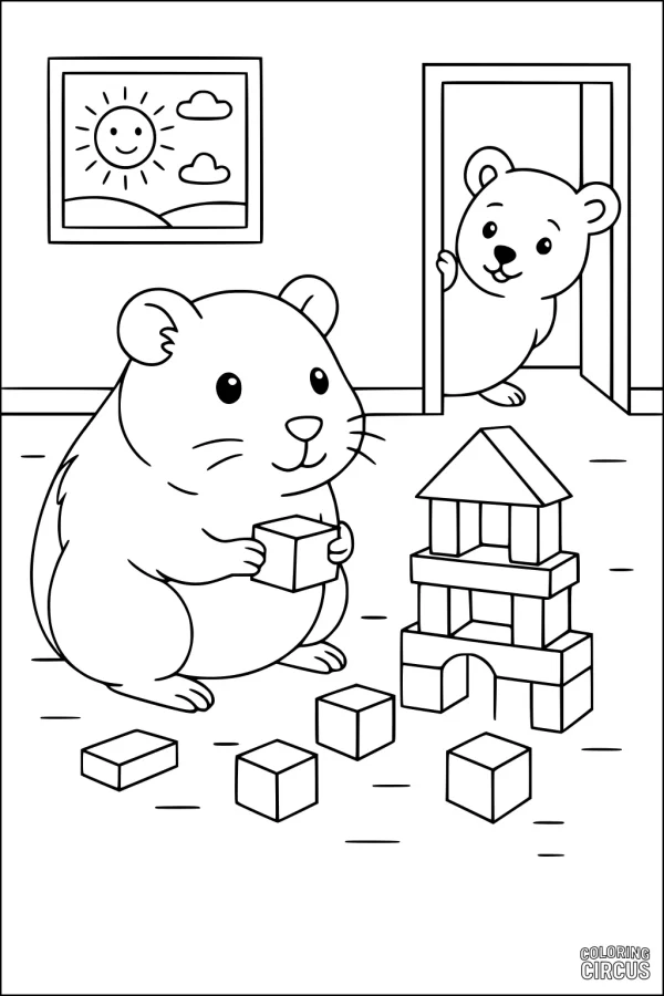 Coloring page two cute guinea pigs playing with building blocks indoors
