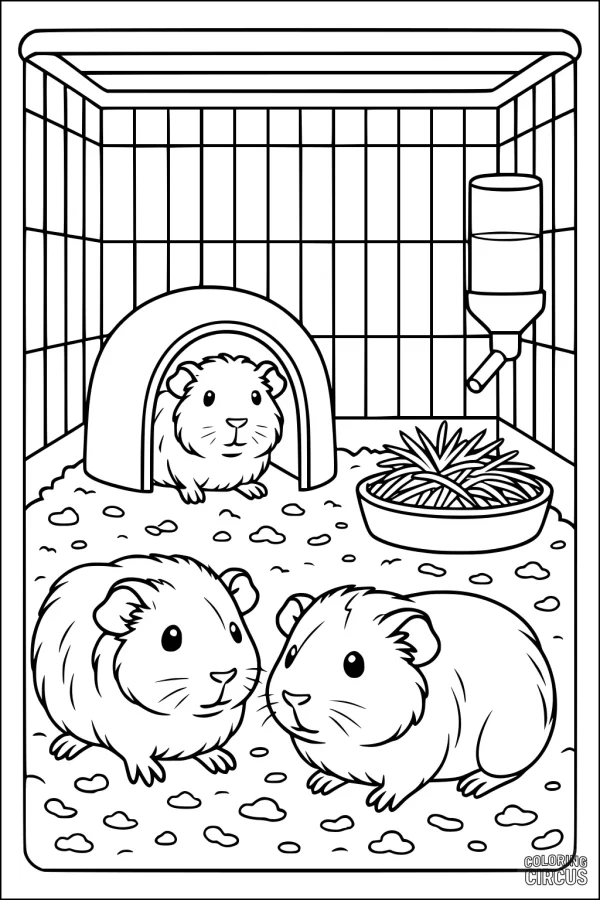 Coloring page showing three guinea pigs inside a cozy cage with bedding, a hideout, hay bowl, and water bottle.