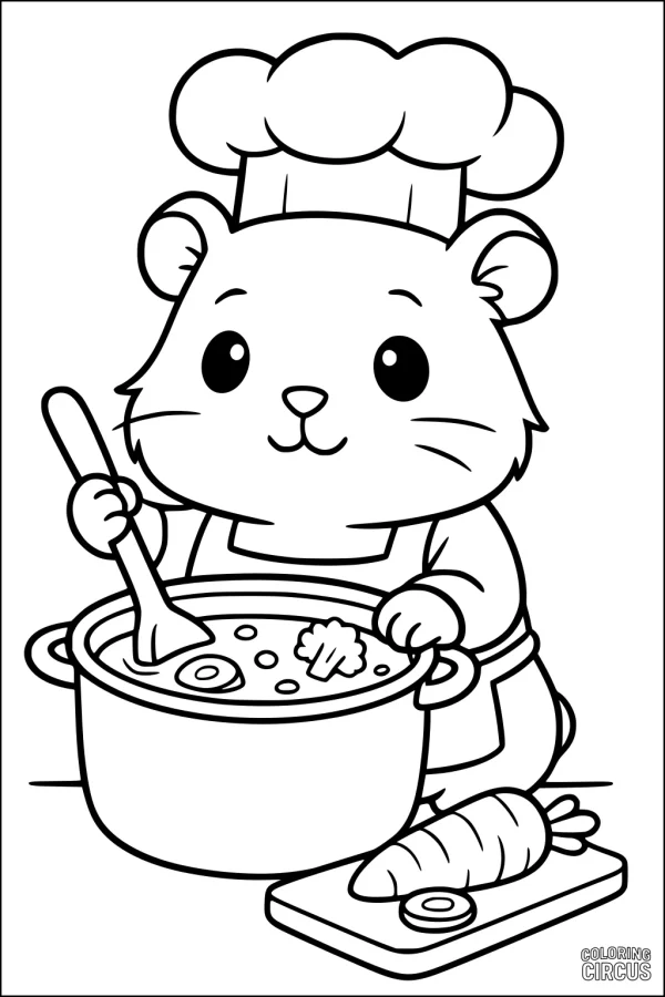 Coloring page of a cute guinea pig wearing a chef hat stirring a pot of soup with vegetables