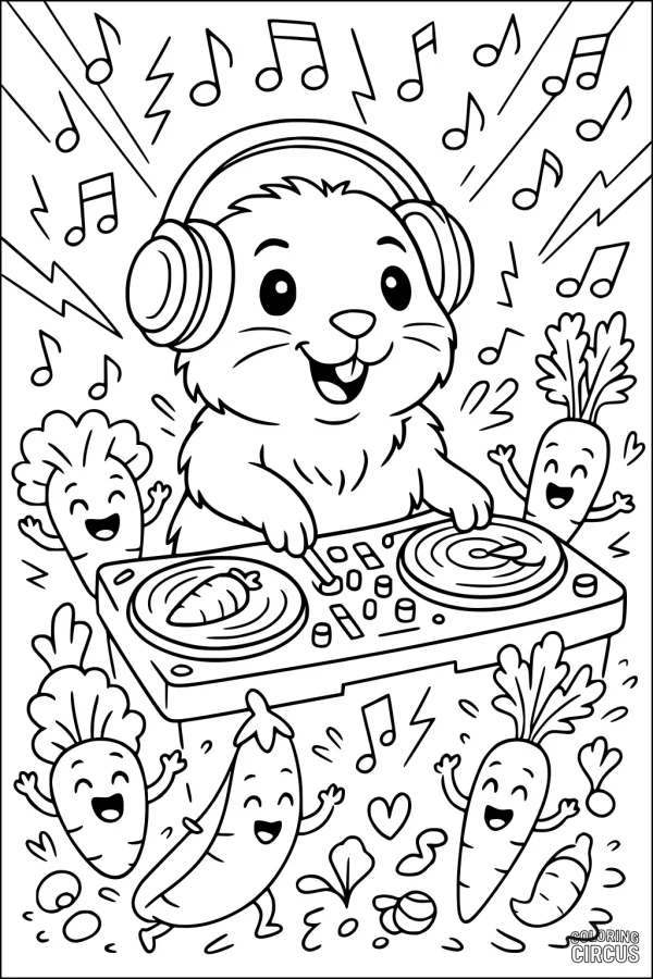 Coloring page of guinea pig DJ with dancing vegetables and musical notes