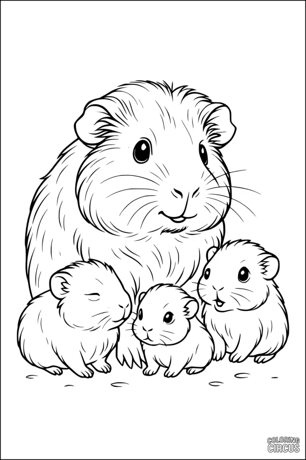 Coloring page of a mother guinea pig with three baby guinea pigs sitting together