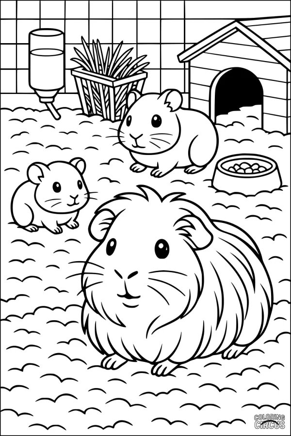 Coloring page with three cute guinea pigs in a cozy indoor habitat with bedding, hay, food and a small house