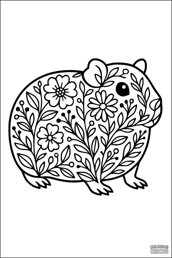 Coloring page featuring a guinea pig filled with floral and leafy patterns, ideal for children.