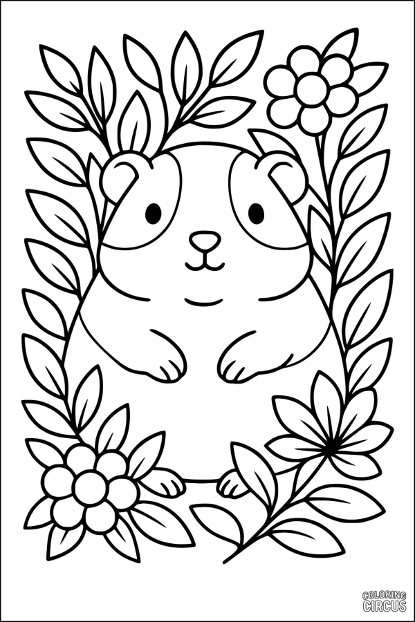 Coloring page showing a cute guinea pig surrounded by flowers and leafy branches