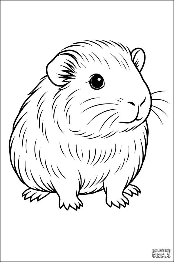 Coloring page of a cute fluffy guinea pig sitting and looking forward