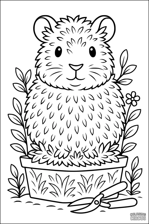 Coloring page of a fluffy guinea pig sitting in a planter surrounded by leaves and a flower with garden scissors in front.
