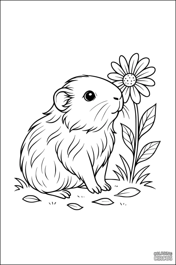 Coloring page featuring a cute guinea pig sitting by a large flower with leaves on the ground