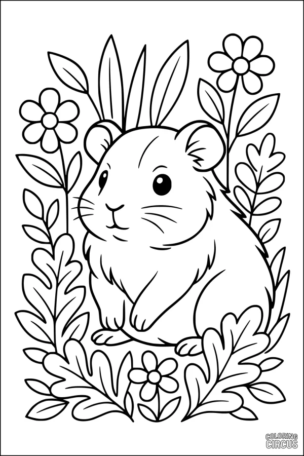 Coloring page featuring a cute guinea pig surrounded by flowers and leaves