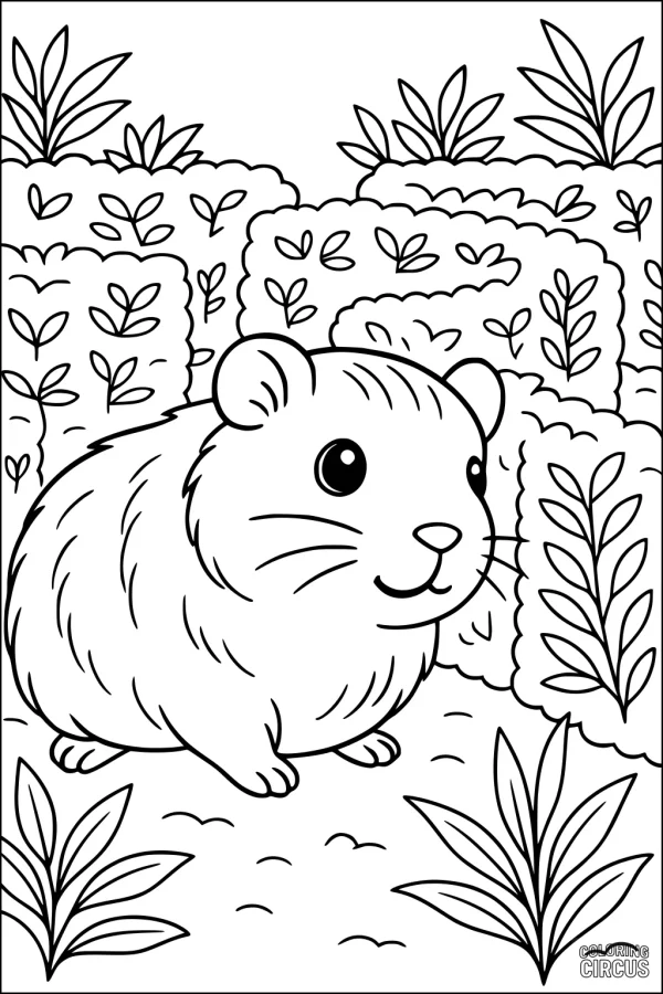Coloring page with a cute guinea pig surrounded by leafy bushes and plants