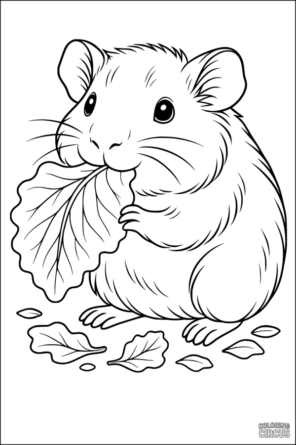 Coloring page shows a cute guinea pig eating a leafy vegetable