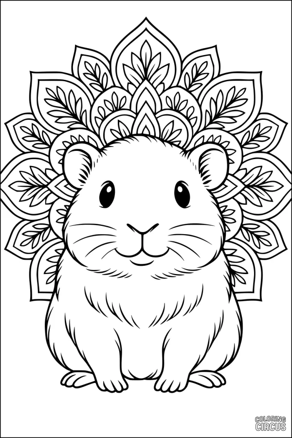 Coloring page showing a guinea pig sitting in front of a decorative mandala background