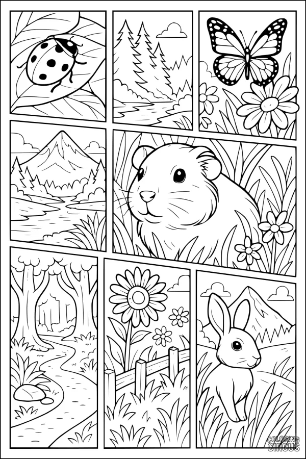 Coloring page showing a guinea pig, bunny, ladybug, butterfly, and woodland scenery for kids