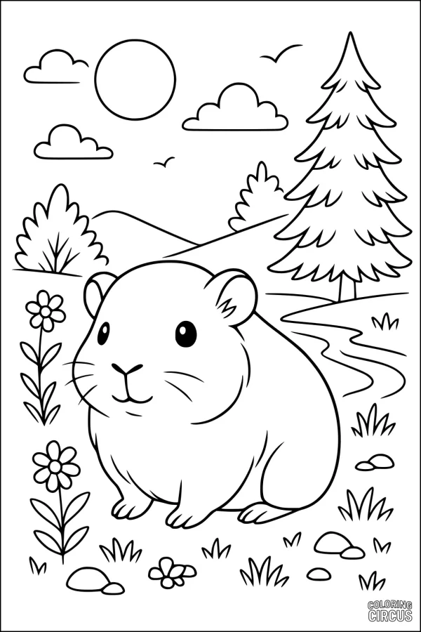 Coloring page of a cute guinea pig sitting in a sunny meadow with flowers, trees, and mountains in the background