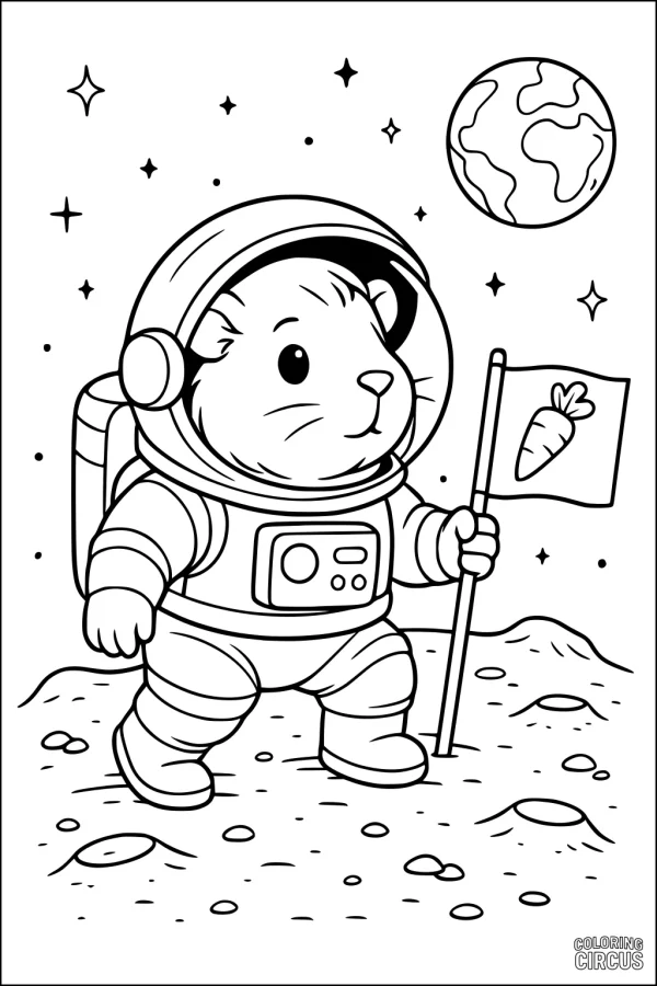 Coloring page featuring a guinea pig in a spacesuit holding a carrot flag on the moon with stars and Earth in the background.