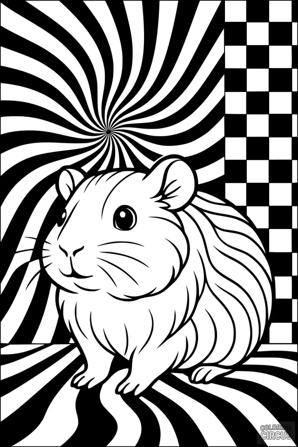 Coloring page of a guinea pig with optical illusion background of swirling stripes and checkerboard pattern