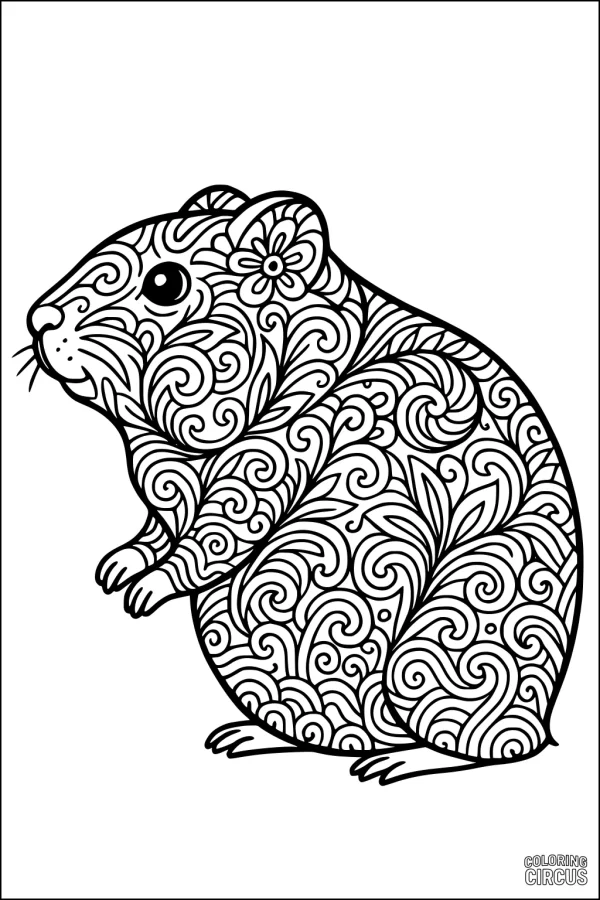 Coloring page guinea pig with intricate floral and swirl patterns for kids and adults