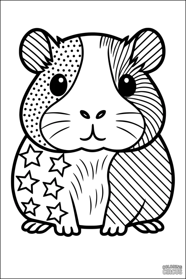 Coloring page featuring a cute guinea pig with stars, stripes, and dots on its fur
