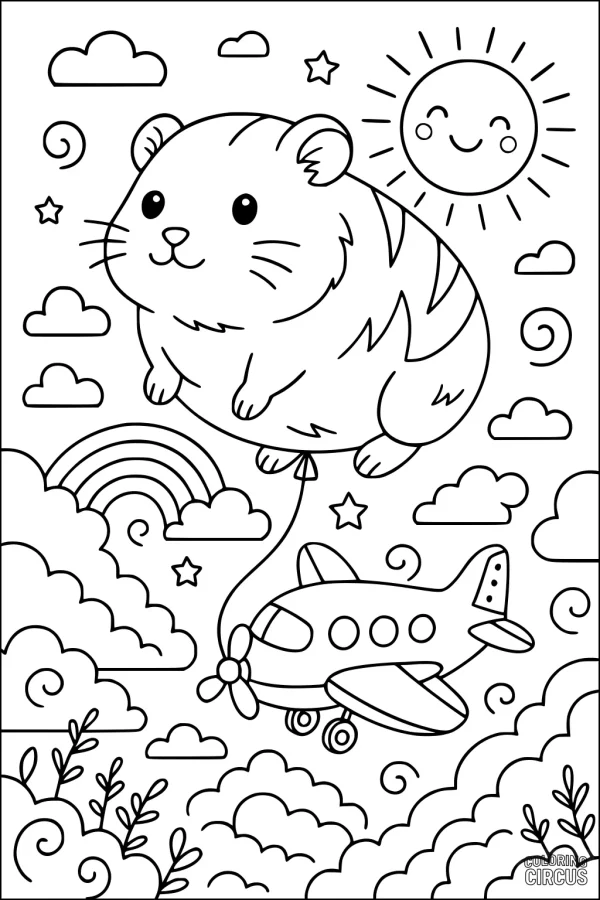 Coloring page showing a guinea pig floating above clouds with a plane, rainbow, sun and stars