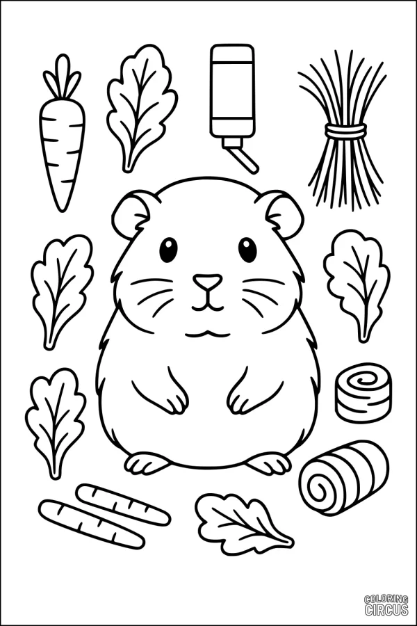 Coloring page featuring a cute guinea pig with vegetables, treats, and a water bottle