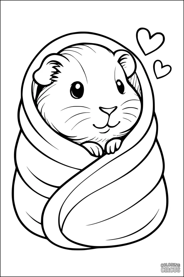 Coloring page of cute guinea pig wrapped in a cozy blanket with hearts