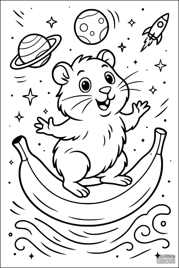 Coloring page of a cute guinea pig riding a banana through space with stars, planets, and a rocket