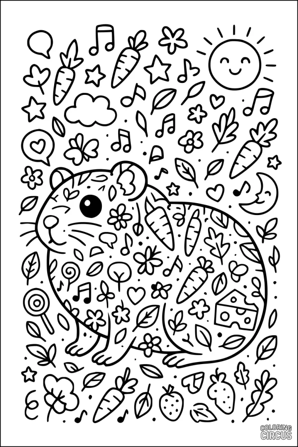 Coloring page of a whimsical guinea pig with carrots, flowers, sunshine, cheese, and musical notes