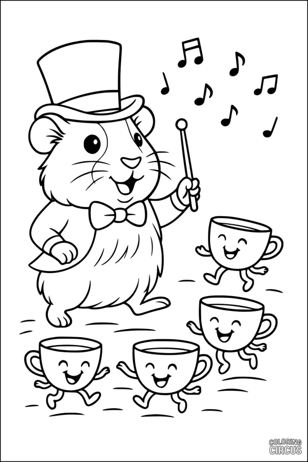 Coloring page of a guinea pig conductor with a top hat and four smiling dancing teacups
