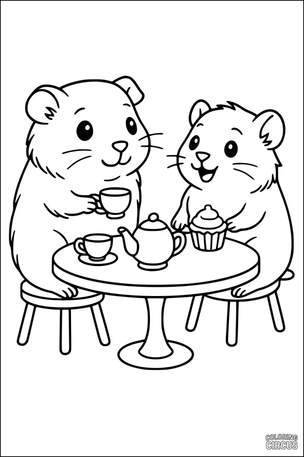Coloring page of two guinea pigs having tea at a table with a teapot, cups, and a cupcake