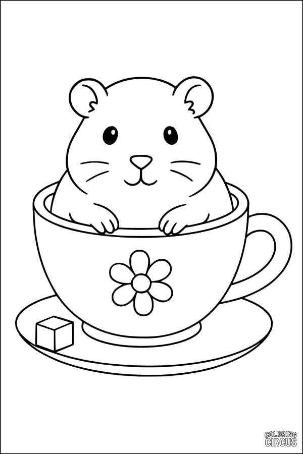 Coloring page showing a cute guinea pig sitting inside a teacup with a flower design, next to a sugar cube
