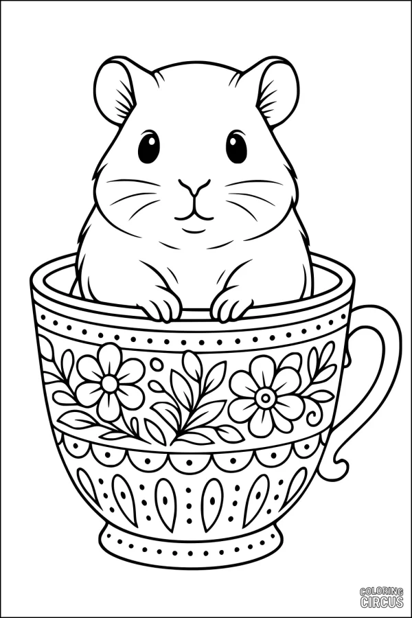 Coloring page featuring a cute guinea pig sitting inside a floral teacup