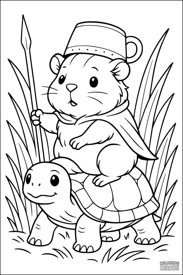 Coloring page of a guinea pig dressed as a knight riding a turtle through grass