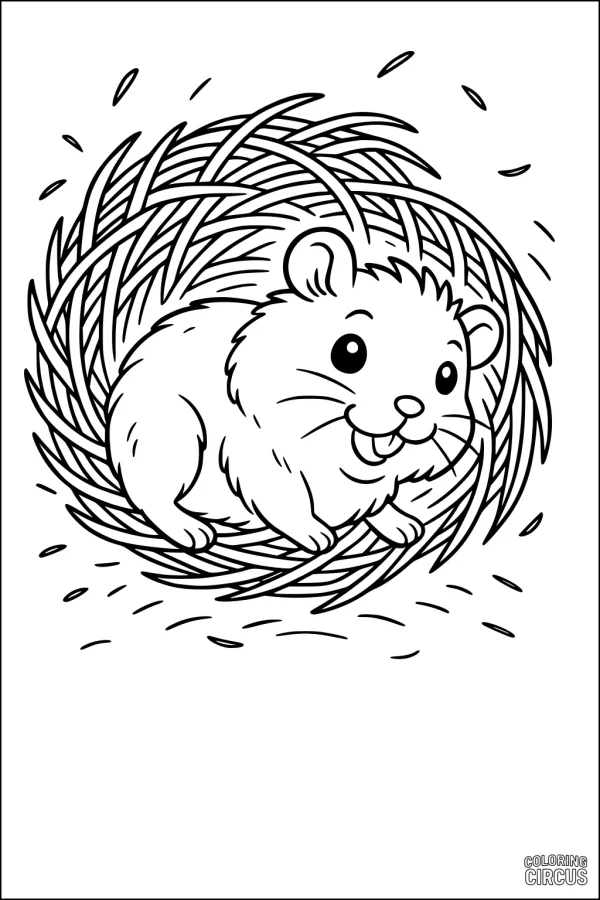 Coloring page of a cute hamster sitting in a round woven nest, perfect for kids