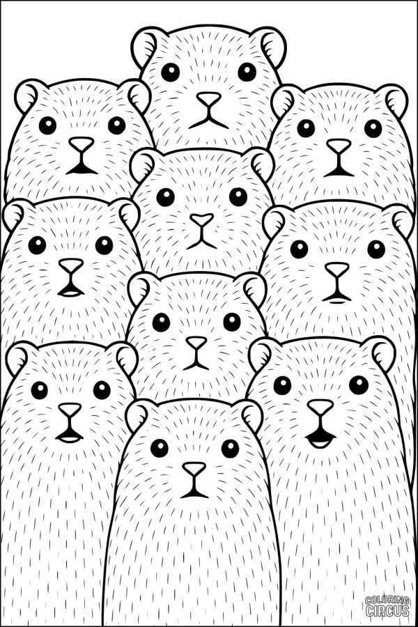 Coloring page featuring a group of cute cartoon hamsters with different facial expressions, suitable for children