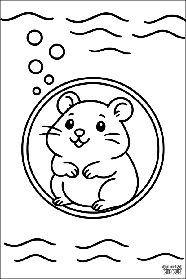 Coloring page featuring a cute hamster inside a bubble with wavy lines and bubbles