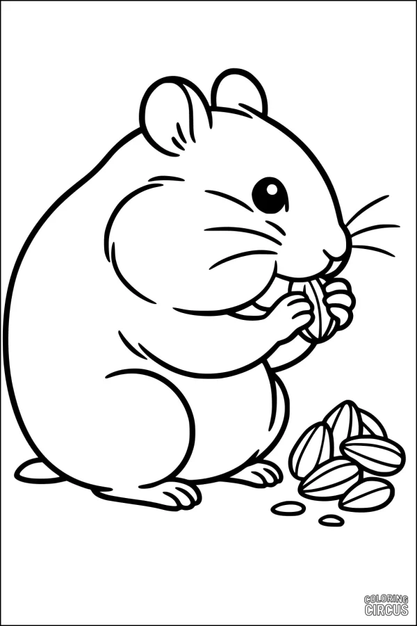 Coloring page of a cute hamster holding a seed with a pile of seeds nearby, suitable for young children