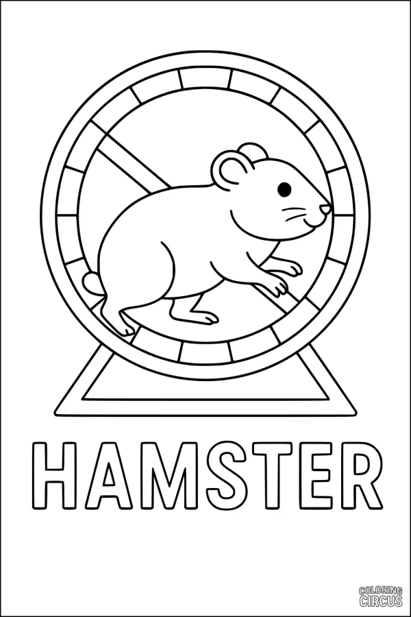 Coloring page with a cute hamster running in its wheel and the word HAMSTER below