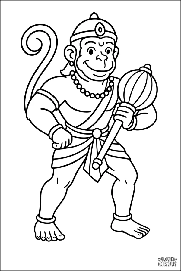 Coloring page of Hanuman, the legendary monkey hero holding a mace