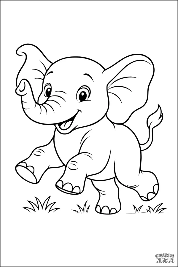 Coloring page showing a joyful cartoon elephant dancing on grass