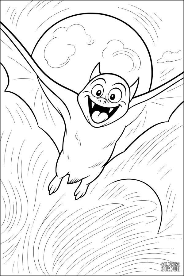 Coloring page of a cartoon bat flying happily under a full moon with clouds and swooping night sky