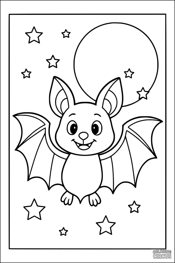 Coloring page featuring a smiling cartoon bat flying with stars and a large moon in the background.
