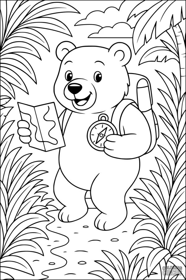 Coloring page bear with map and compass in forest