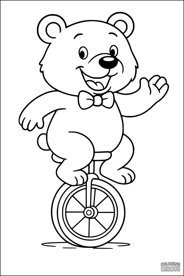 Coloring page of a cartoon bear waving and riding a unicycle with a bow tie