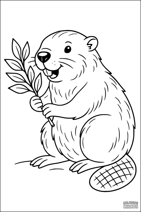 Coloring page of a smiling beaver holding a branch, cartoon-style