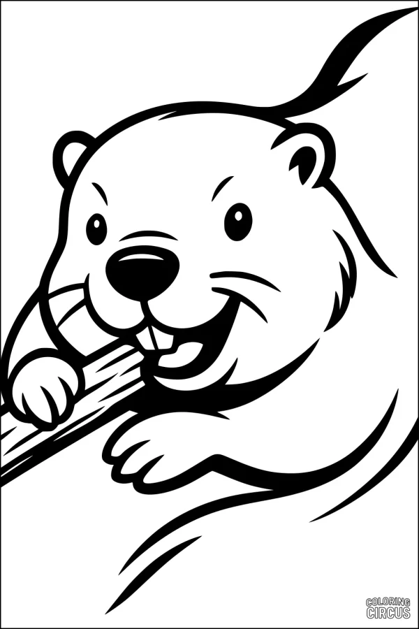 Coloring page showing a cartoon beaver chewing on a stick, suitable for young kids
