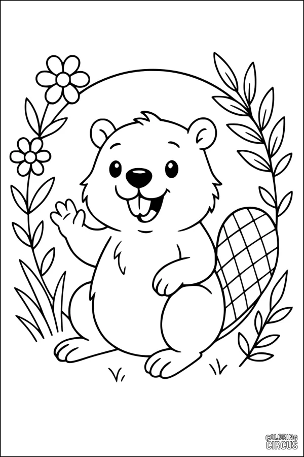 Coloring page of a cute beaver waving in a meadow with flowers and leaves